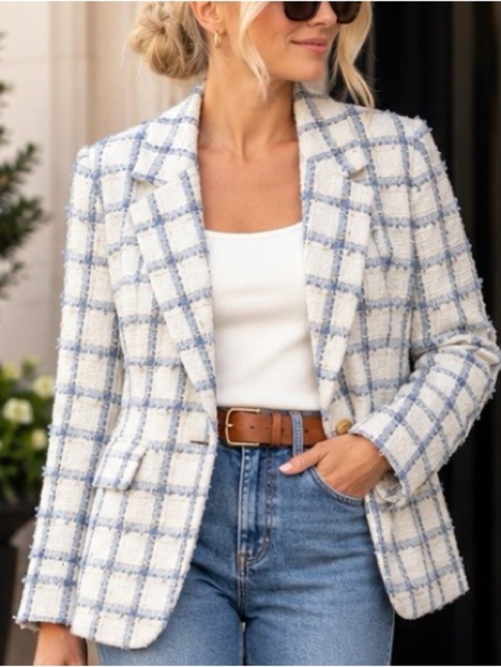 AQUA Blue White Plaid Tweed Blazer M Metallic Gold Preppy Quiet Luxury Jacket